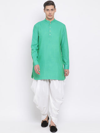 Vastramay Men's Green Cotton Blend Kurta and White Dhoti Set