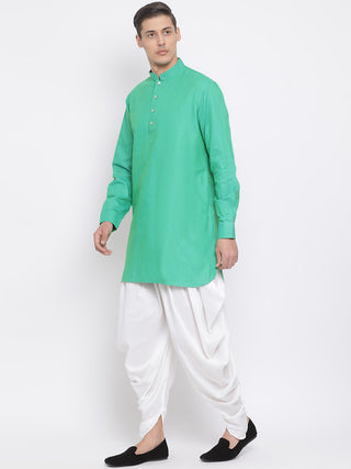 Vastramay Men's Green Cotton Blend Kurta and White Dhoti Set