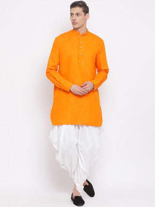 VASTRAMAY Men's Orange Cotton Blend Kurta and White Dhoti Set