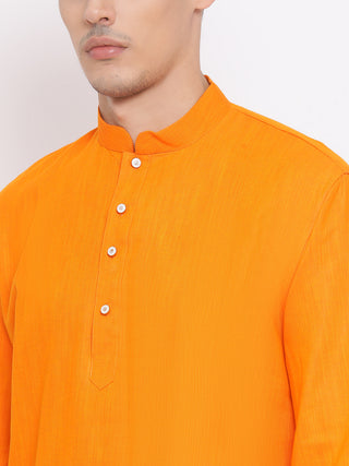 VASTRAMAY Men's Orange Cotton Blend Kurta and White Dhoti Set