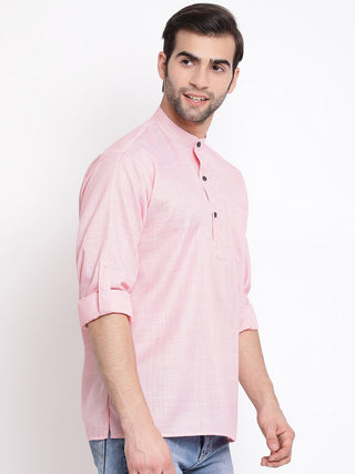 VASTRAMAY Men's Pink Cotton Blend Short Kurta