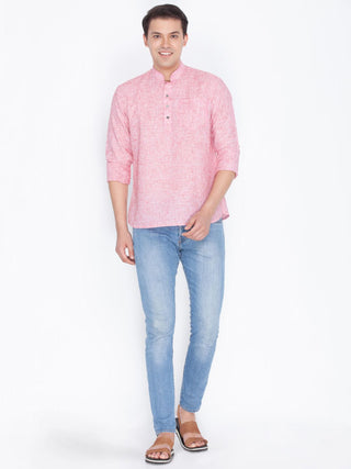 VASTRAMAY Men's Pink Color Linen Short Kurta