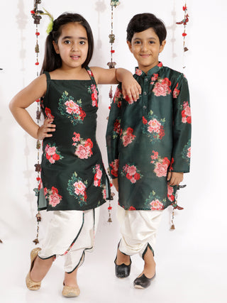 Vastramay Green Floral Printed Cotton Silk Siblings Set