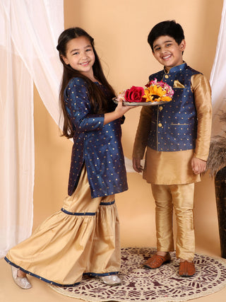Vastramay Banarasi Blue And Rose Gold Woven Siblings Set