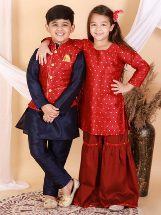 Vastramay Banarasi Maroon Woven Siblings Set