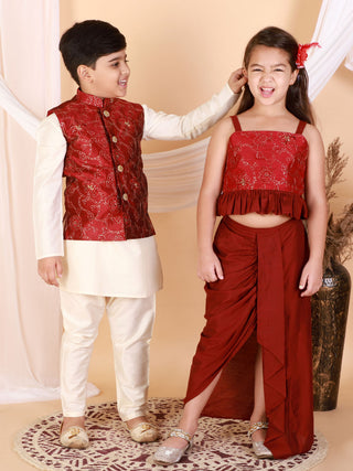 Vastramay Maroon Embroidered Silk Blend Siblings Set