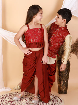 Vastramay Maroon Embroidered Silk Blend Siblings Set