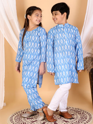 Vastramay Aqua Blue Traditional Ikkat Print Siblings Set