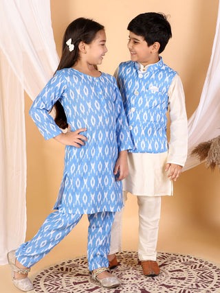 Vastramay Aqua Blue Traditional Ikkat Print Siblings Set
