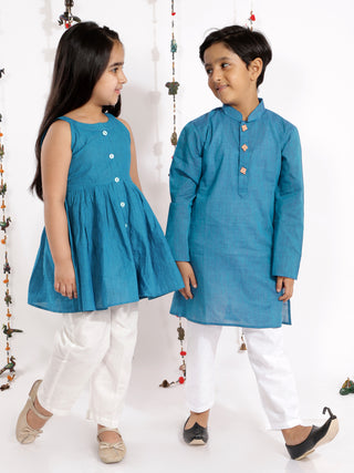 Vastramay Aqua Blue Handloom Cotton Striped Siblings Set