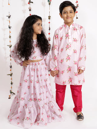 VASTRAMAY Rose Pink Cotton Linen Floral Printed Siblings Set