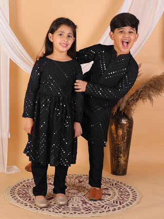 VASTRAMAY Black Mirror Kurta Pyjama Siblings Set