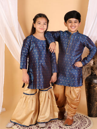Vastramay Silk Blend Blue And rose Gold Woven Sibling Set