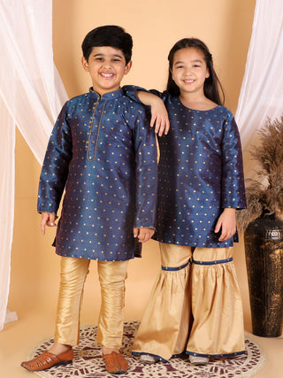 VASTRAMAY Silk Blend Blue And rose Gold Woven Siblings Set