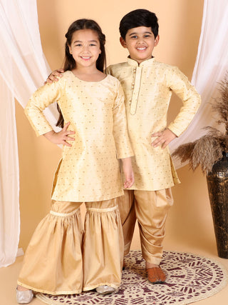 VASTRAMAY Silk Blend Gold And rose Gold Woven Sibling Set