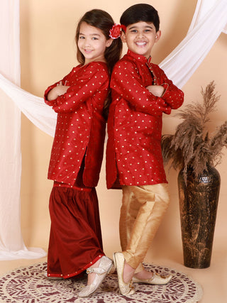 VASTRAMAY Silk Blend Maroon Woven Siblings Set