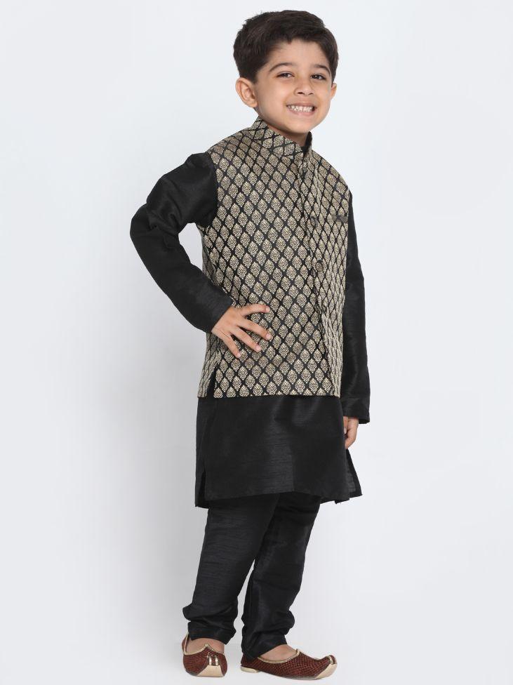 Boys' Black Cotton Silk Blend Kurta, Waistcoat and Pyjama Set