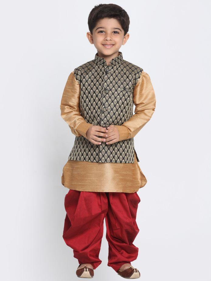 Boys' Gold Cotton Silk Blend Ethnic Jacket, Kurta and Dhoti Pant Set
