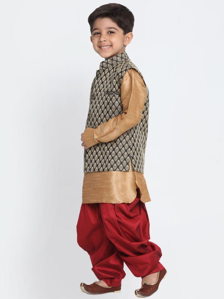 Boys' Gold Cotton Silk Blend Ethnic Jacket, Kurta and Dhoti Pant Set