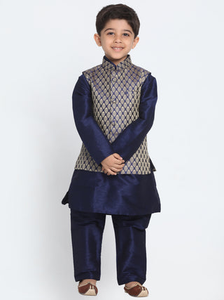 Vastramay Navy Blue and Gold Silk Blend Baap Beta Jacket Kurta Pyjama set
