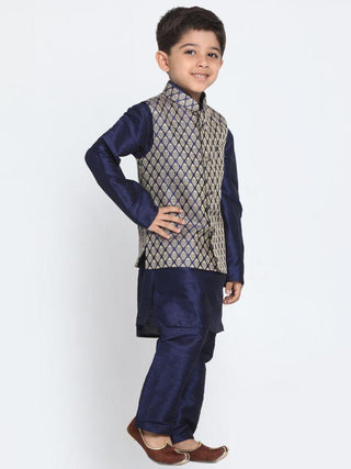 Boys' Dark Blue Cotton Silk Blend Kurta, Waistcoat and Pyjama Set