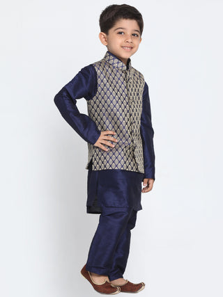 Vastramay Navy Blue and Gold Silk Blend Baap Beta Jacket Kurta Pyjama set