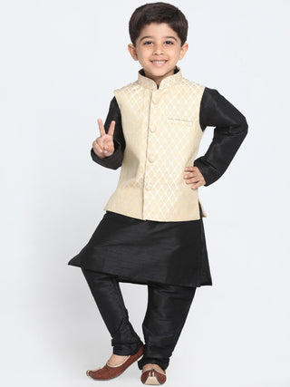 Vastramay Cream and Black Color Silk Blend  Baap Beta Jacket Kurta Pyjama set