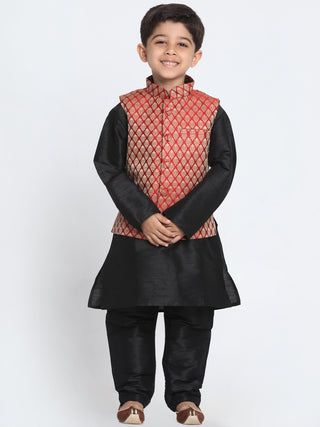 Vastramay Black And Maroon Color Silk Blend Baap Beta Jacket Kurta Pyjama set