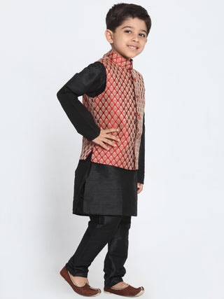 Vastramay Black And Maroon Color Silk Blend Baap Beta Jacket Kurta Pyjama set
