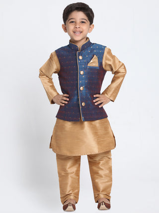 Vastramay Rose Gold and Navy Blue Silk Blend Baap Beta Jacket Kurta Pyjama set