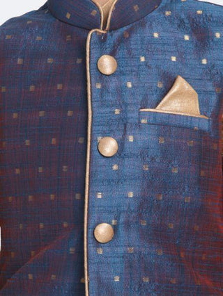 Boys' Deep Blue Cotton Silk Blend Kurta, Waistcoat and Pyjama Set