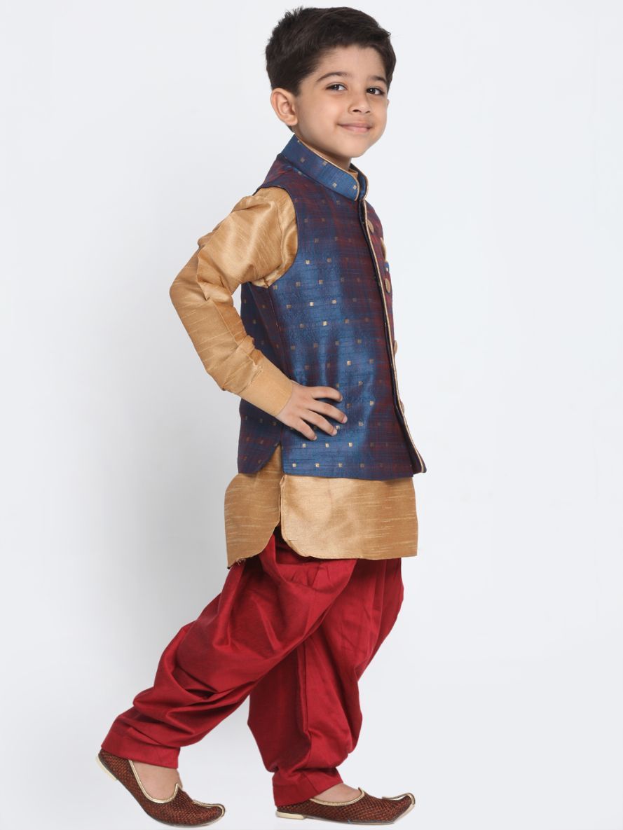 Boys' Deep Blue Cotton Silk Blend Ethnic Jacket, Kurta and Dhoti Pant Set