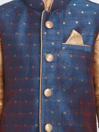 Boys' Deep Blue Cotton Silk Blend Ethnic Jacket, Kurta and Dhoti Pant Set