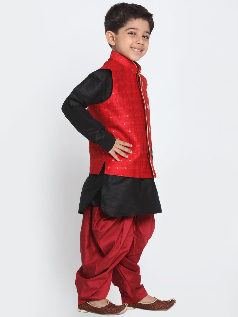 Boys' Maroon Cotton Silk Blend Ethnic Jacket, Kurta and Dhoti Pant Set