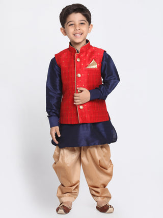 Vastramay Maroon, Navy Blue and Rose Gold Silk Blend Baap Beta Jacket Dhoti Kurta set