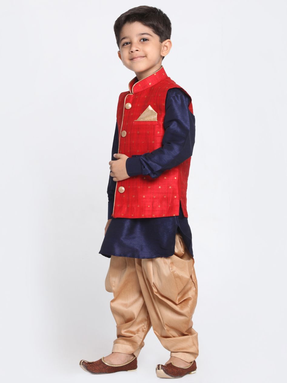 Boys' Maroon Cotton Silk Blend Ethnic Jacket, Kurta and Dhoti Pant Set