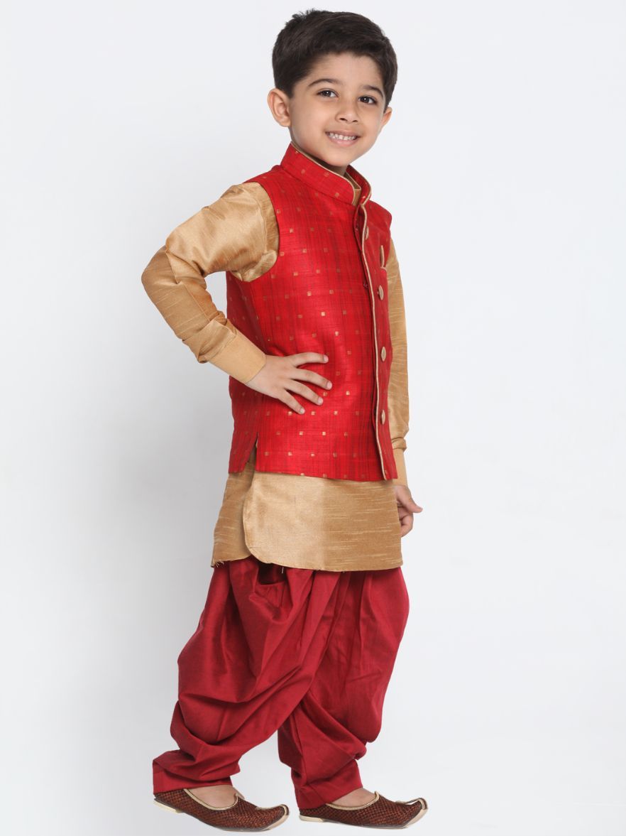 Boys' Maroon Cotton Silk Blend Ethnic Jacket, Kurta and Dhoti Pant Set