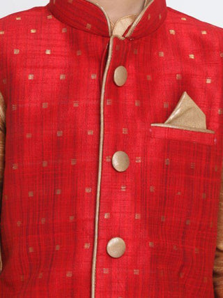 Boys' Maroon Cotton Silk Blend Ethnic Jacket, Kurta and Dhoti Pant Set