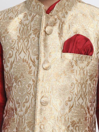 Boys' Gold Cotton Silk Blend Kurta, Waistcoat and Pyjama Set