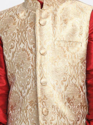 Boys' Gold Cotton Silk Blend Ethnic Jacket, Kurta and Dhoti Pant Set