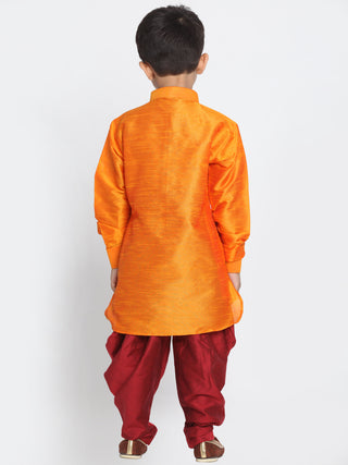 Vastramay Boys' Orange and Maroon Silk Blend Kurta and Patiala Pant Set