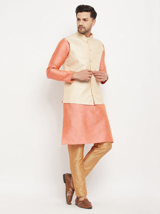 VM BY VASTRAMAY Men's Cream Silk Blend Jacket with Kurta Pant Set