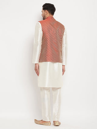 VM BY VASTRAMAY Men's Maroon Silk Blend Jacket with Kurta Pant Set