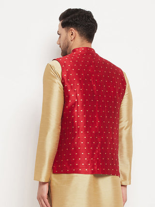 VASTRAMAY Men's Maroon Zari Weaved Jacket