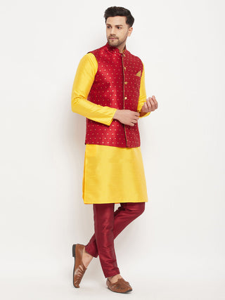 VM BY VASTRAMAY Men's Maroon Zari Weaved Jacket With Kurta Pant Set