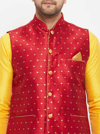 VM BY VASTRAMAY Men's Maroon Zari Weaved Jacket With Kurta Pant Set