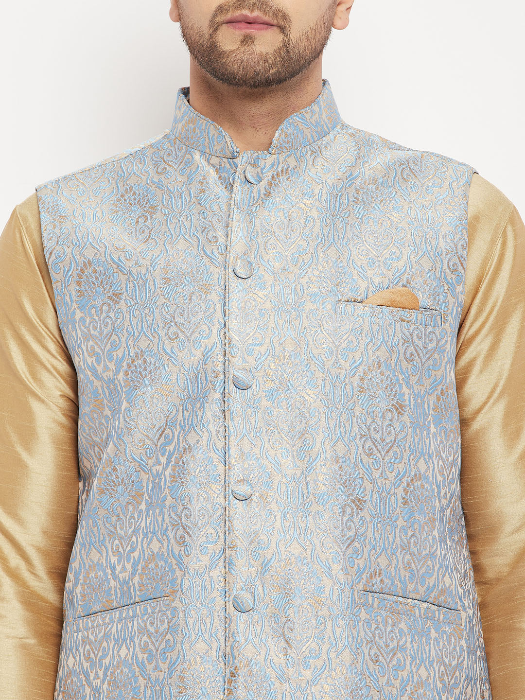 Men's Grey Jacquard Jacket With Kurta And Pant Set