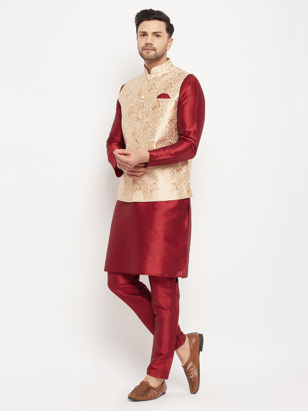 Men's Rose Gold Jacquard Jacket With Kurta And Pant Set