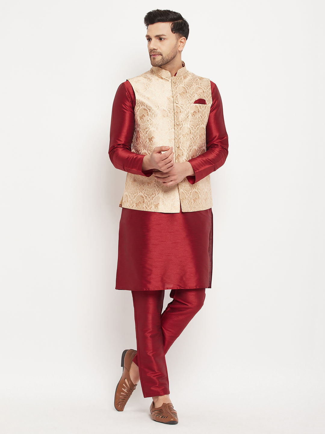 Men's Rose Gold Jacquard Jacket With Kurta And Pant Set