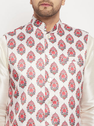 VM BY VASTRAMAY Men's White & Red Floral Printed Slim-Fit Satin Nehru Jacket